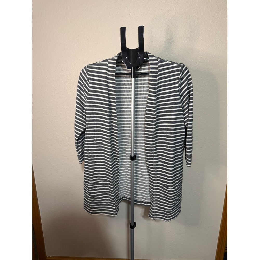 Karen‎ Scott Sport Womens Medium Striped Open Front Cardigan Blue White 3/4